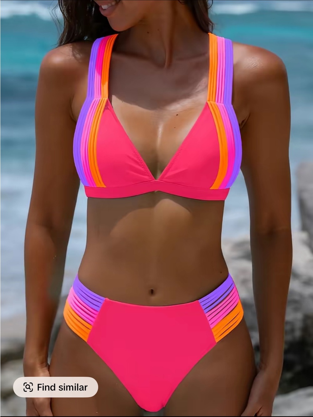 Hot Pink Colorblock Strappy Bikini Set